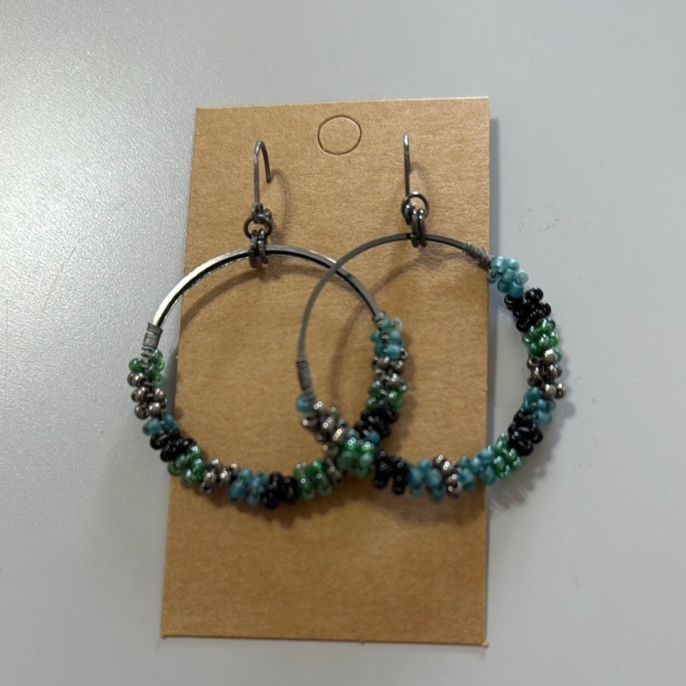 Beaded Hoop Earrings in Black, Green, and Silver